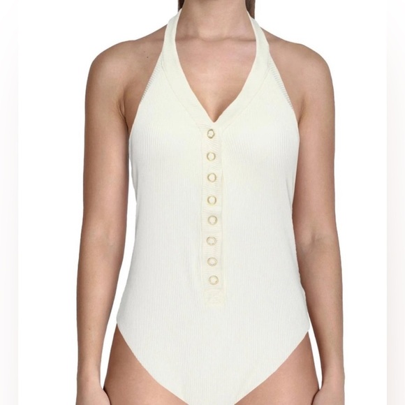 Dolce Vita Ribbed Button Down Cream One Piece Bathing Suit Size L EUC - Picture 3 of 6